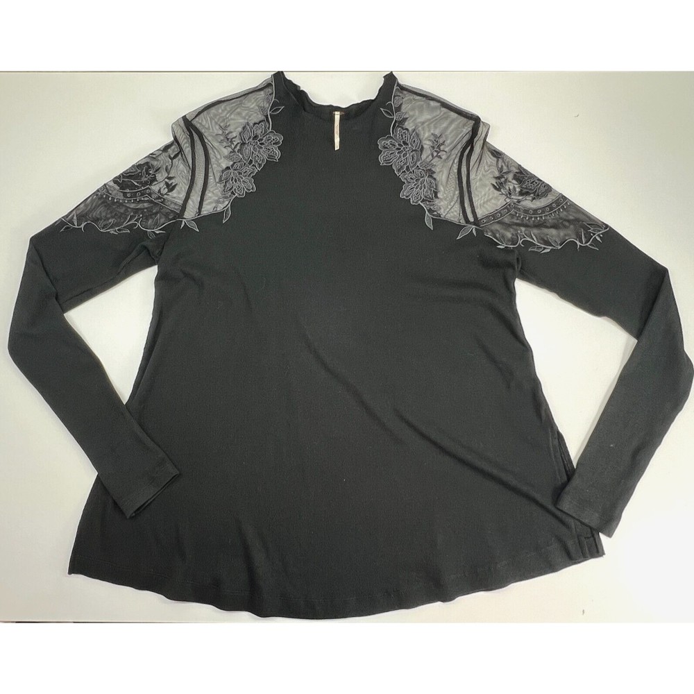 Free People Daniella Embroidered Illusion Top Womens Large Lace Shoulder Detail